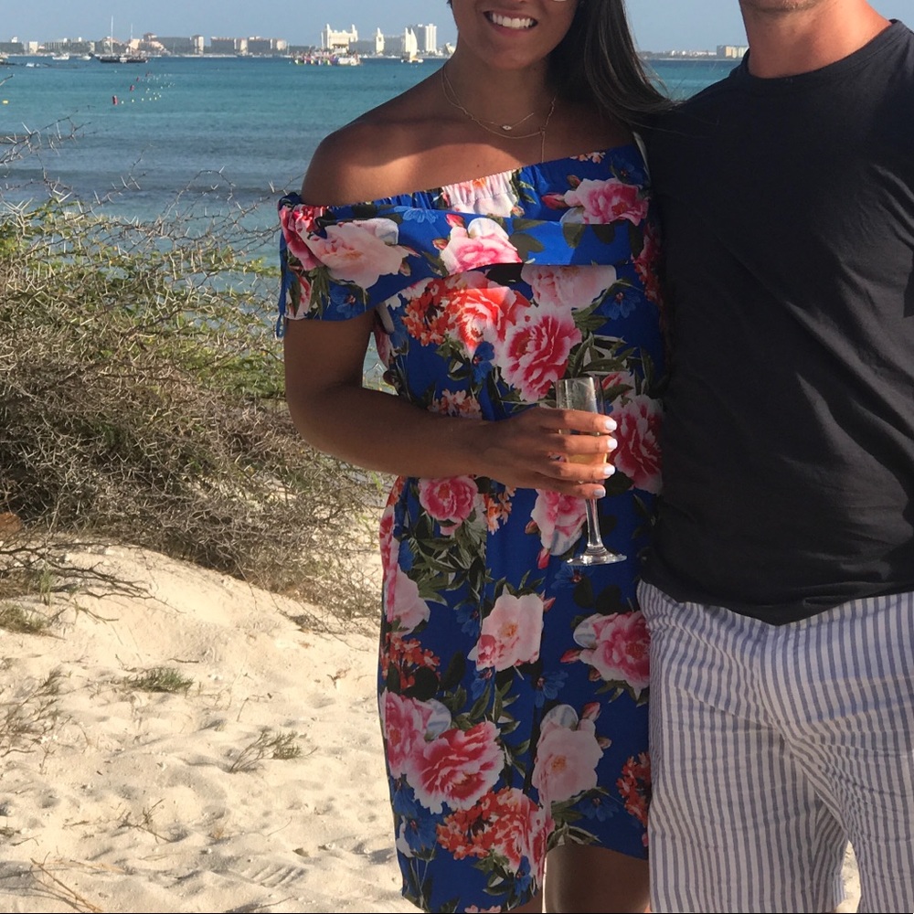 Blue and Pink Floral Off The Shoulder Dress